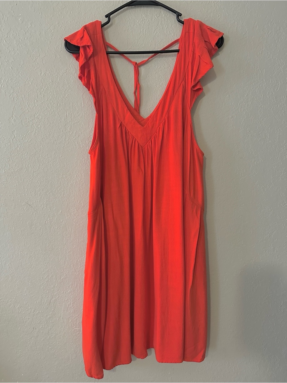 Promesa Coral Orange Flutter Ruffle Sleeve V-Neck Mini Dress with Tie Back - Picture 2 of 11